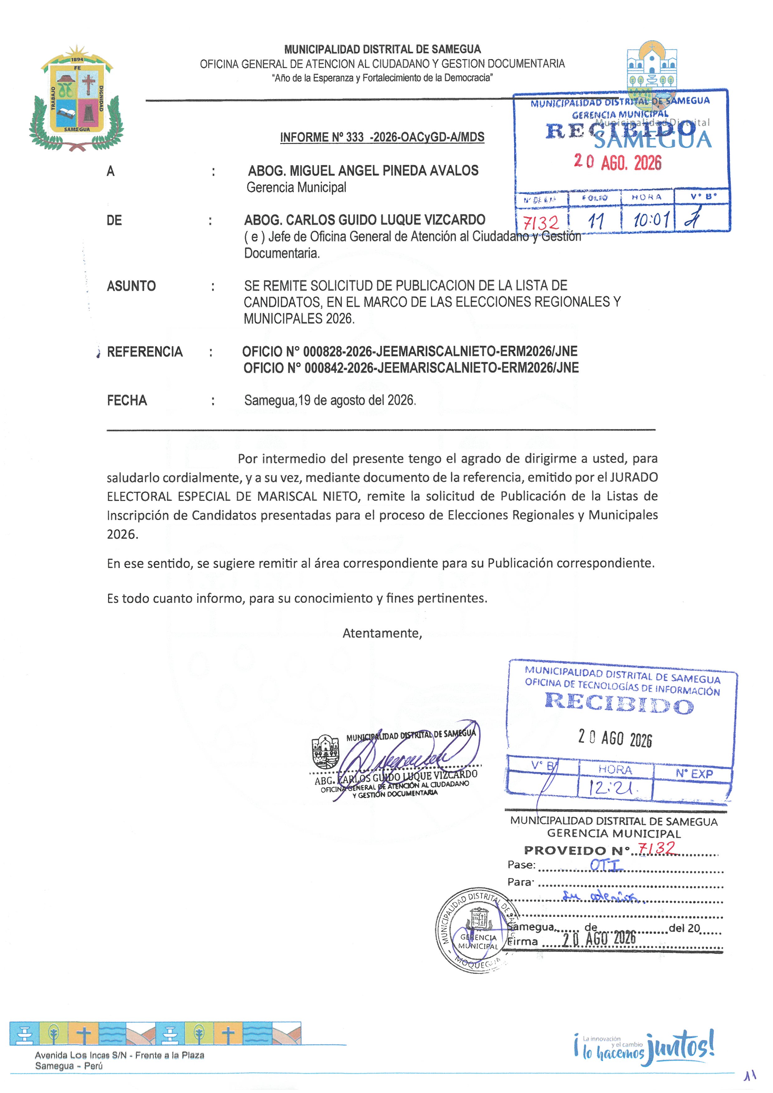 LISTA DE CANDIDATOS, EN EL MARCO DE LAS ELECCIONES REGIONALES Y MUNICIPALES 2026