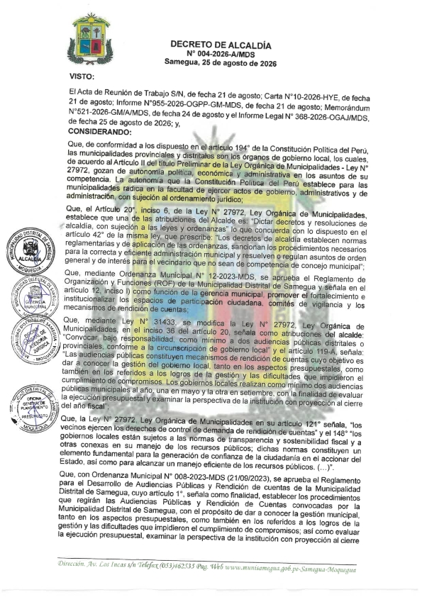 Decreto de Alcaldía N.° 004-2026-A/MDS