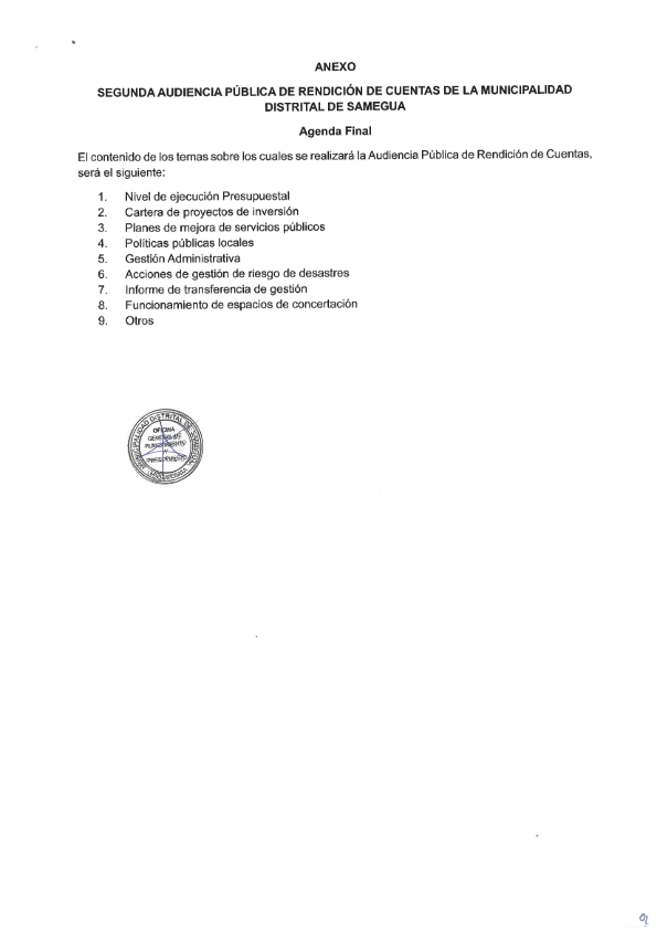 SEGUNDA AUDIENCIA PÚBLICA DE  RENDICIÓN  DE CUENTAS  DE  LA MUNICIPALIDAD DISTRITAL DE SAMEGUA
