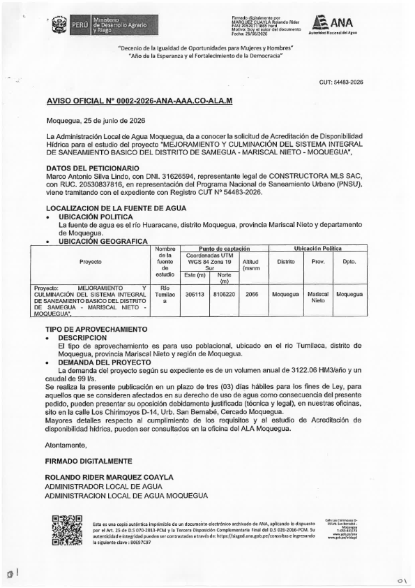 AVISO OFICIAL N°0002-2026-ANA-AAA.CO-ALA.M